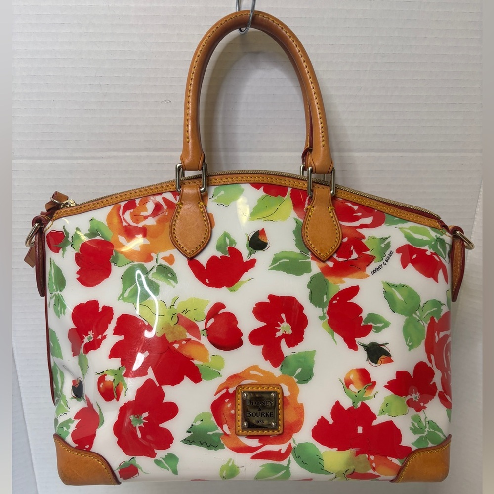 Dooney & Bourke White Floral Patent Satchel with Tan Trim